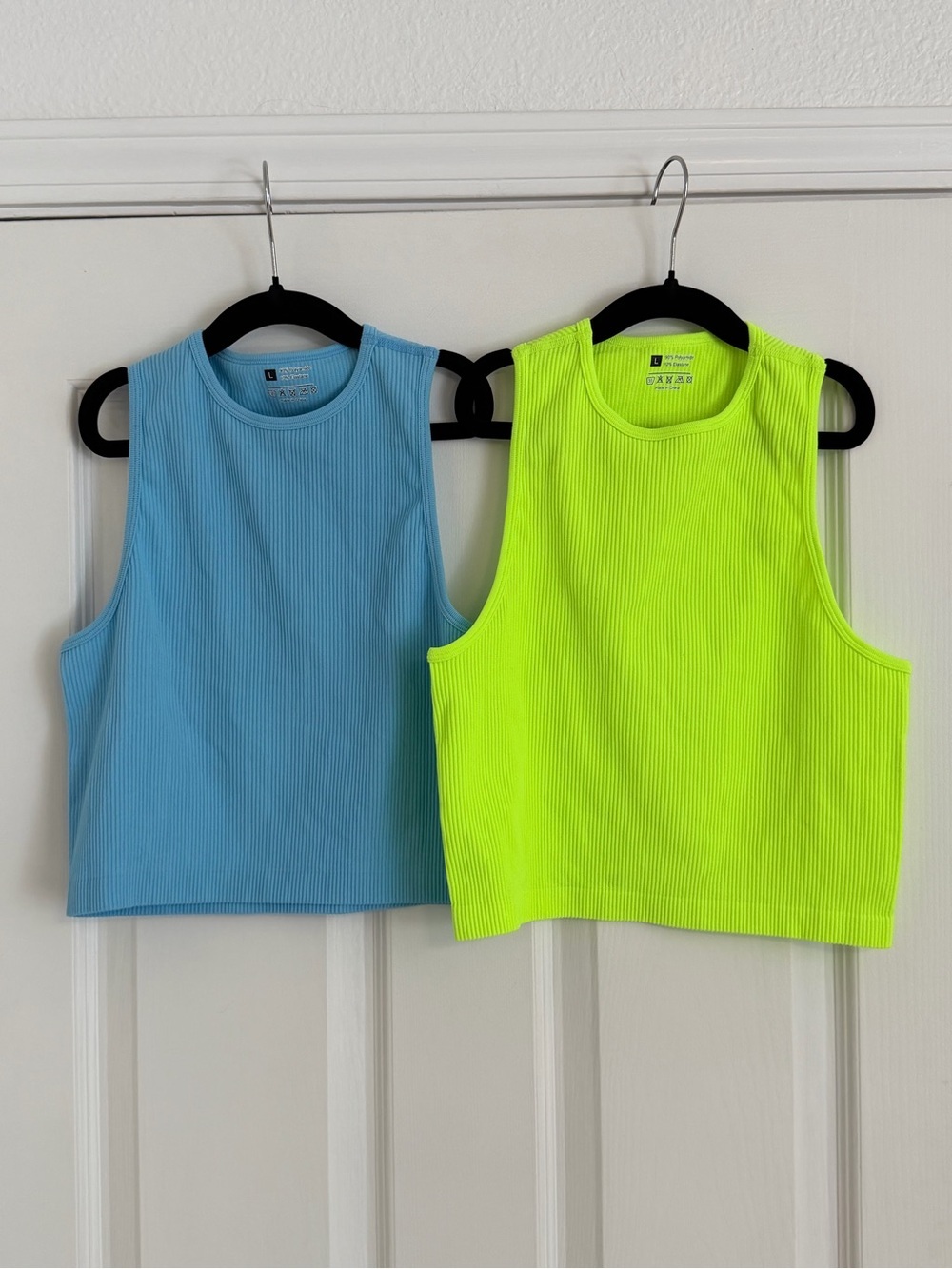 2 Pack Ribbed Crop Tank Bundle Blue & Neon Green Sleeveless Tops Size L